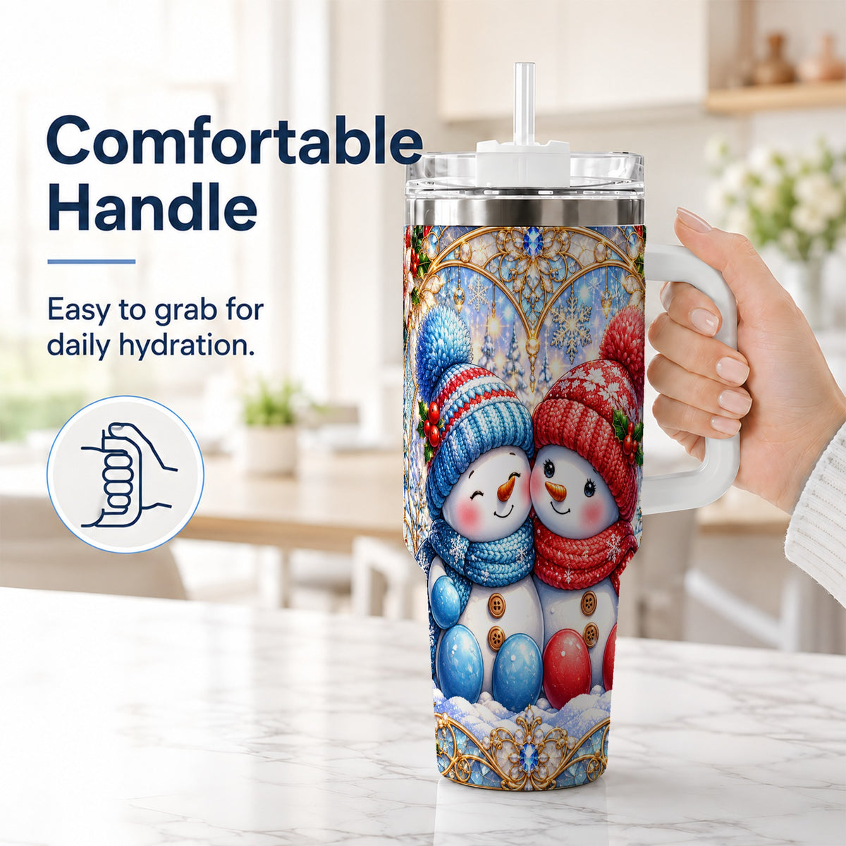 #pl[40oz|White] Snowman Couple 40oz Tumbler with Handle, Christmas Travel Cup