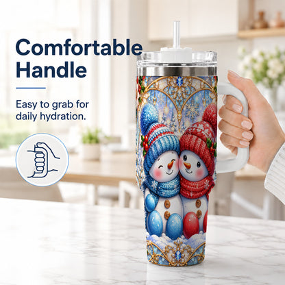 #pl[40oz|White] Snowman Couple 40oz Tumbler with Handle, Christmas Travel Cup