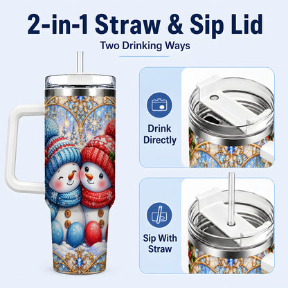 #pl[40oz|White] Snowman Couple 40oz Tumbler with Handle, Christmas Travel Cup