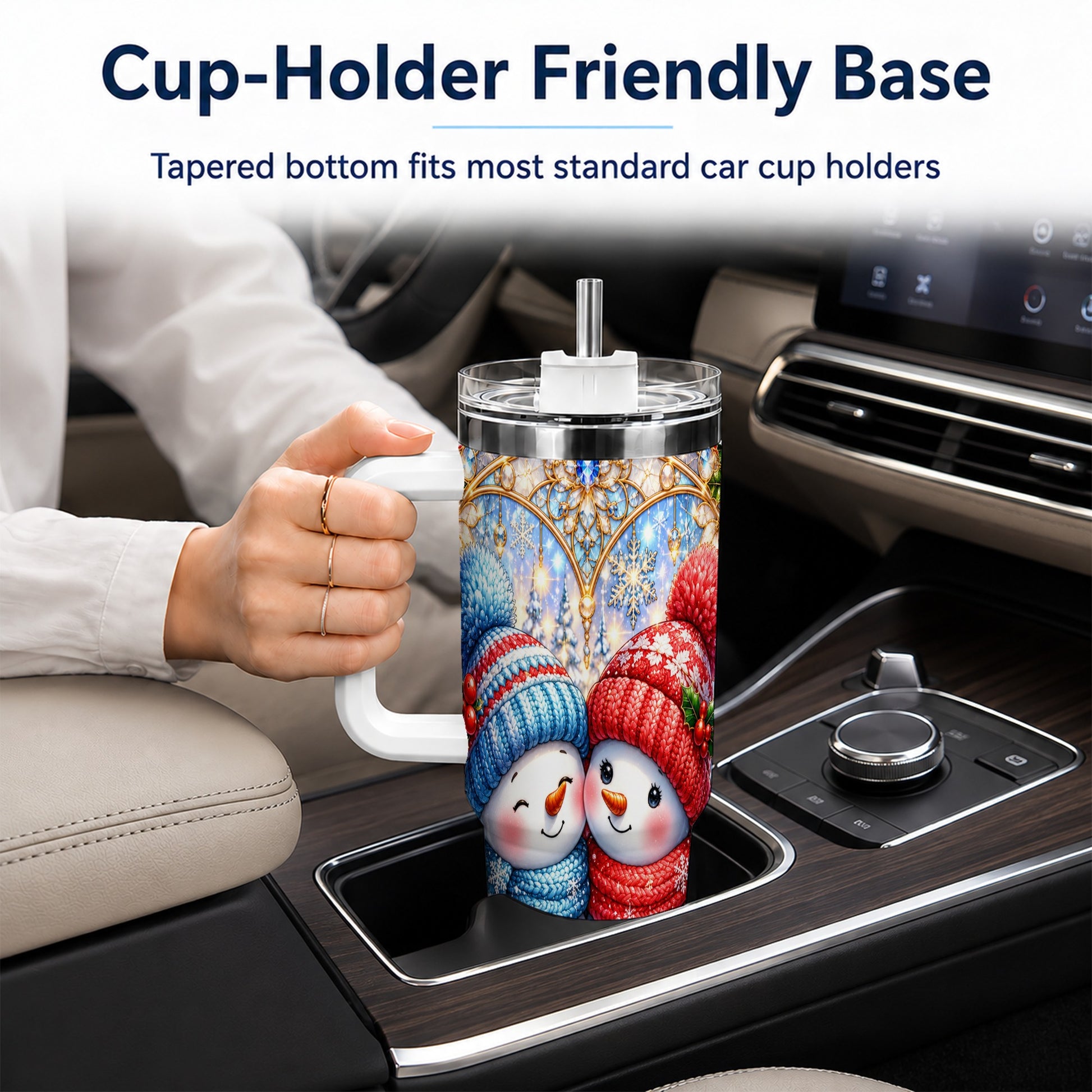 #pl[40oz|White] Snowman Couple 40oz Tumbler with Handle, Christmas Travel Cup