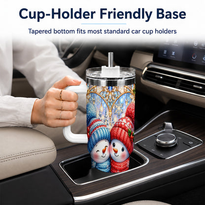 #pl[40oz|White] Snowman Couple 40oz Tumbler with Handle, Christmas Travel Cup