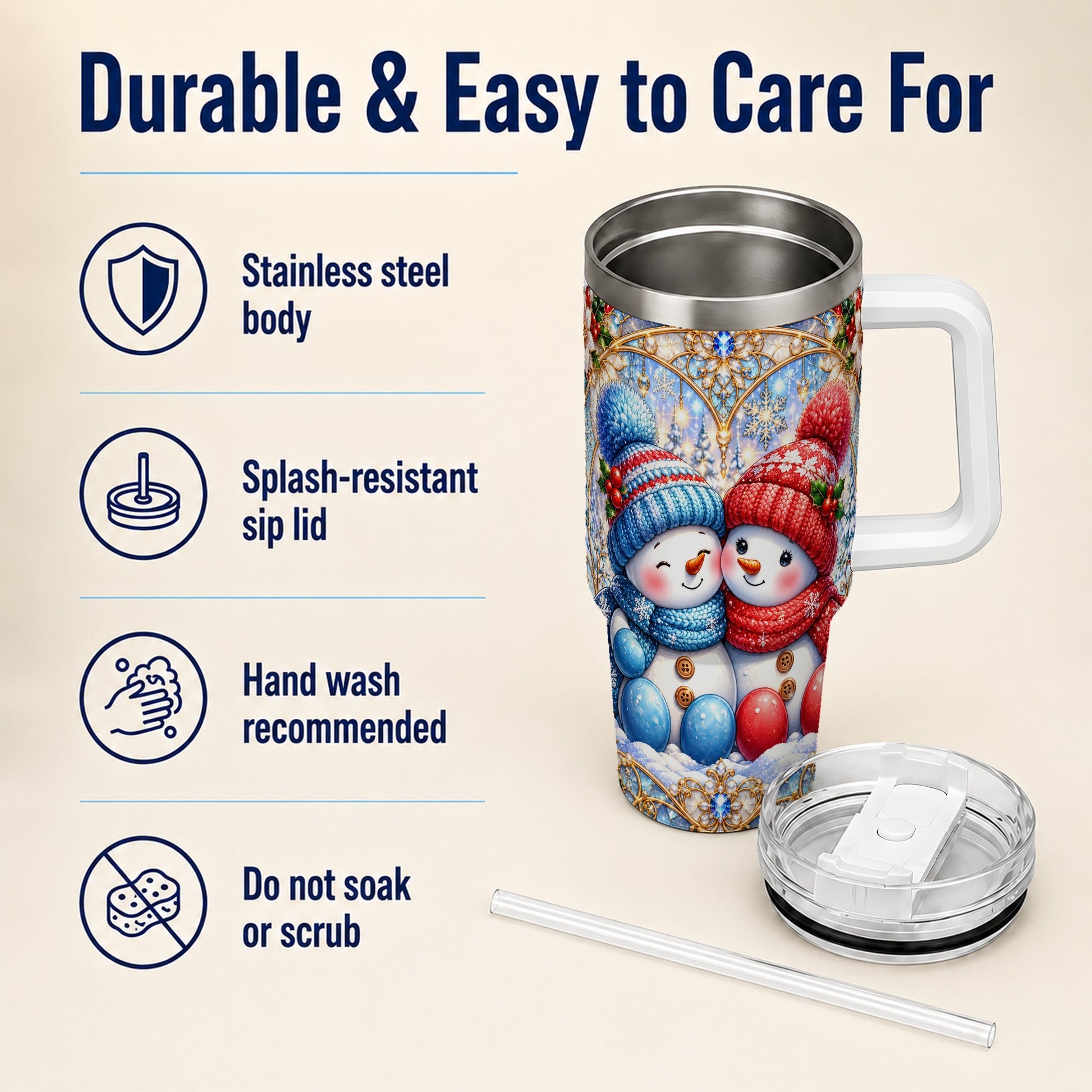 #pl[40oz|White] Snowman Couple 40oz Tumbler with Handle, Christmas Travel Cup