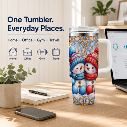 #pl[40oz|White] Snowman Couple 40oz Tumbler with Handle, Christmas Travel Cup