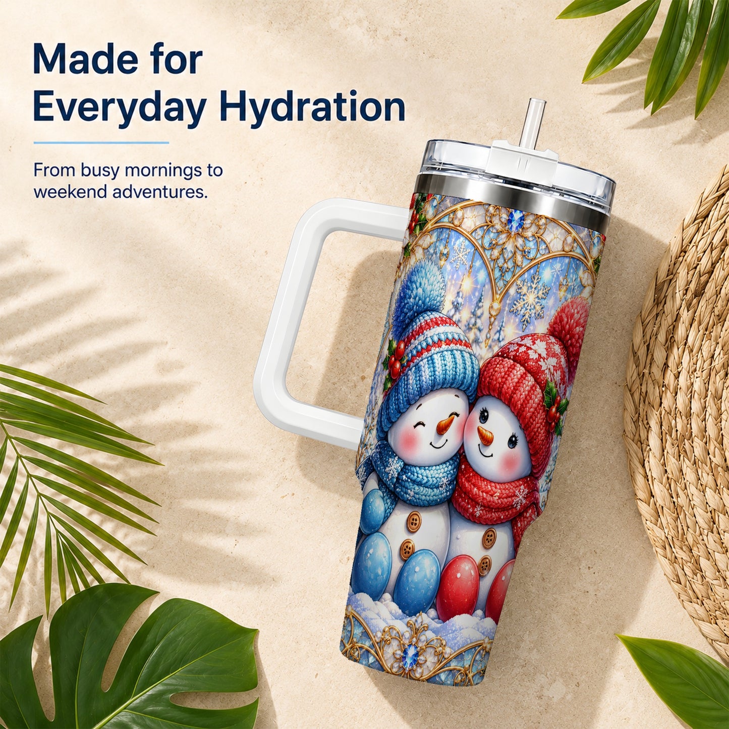#pl[40oz|White] Snowman Couple 40oz Tumbler with Handle, Christmas Travel Cup