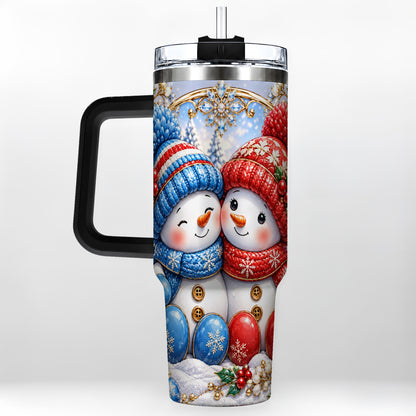 #pl[40oz|Black] Snowman Couple Tumbler 40oz, Christmas Tumbler, Stainless Steel Travel Cup