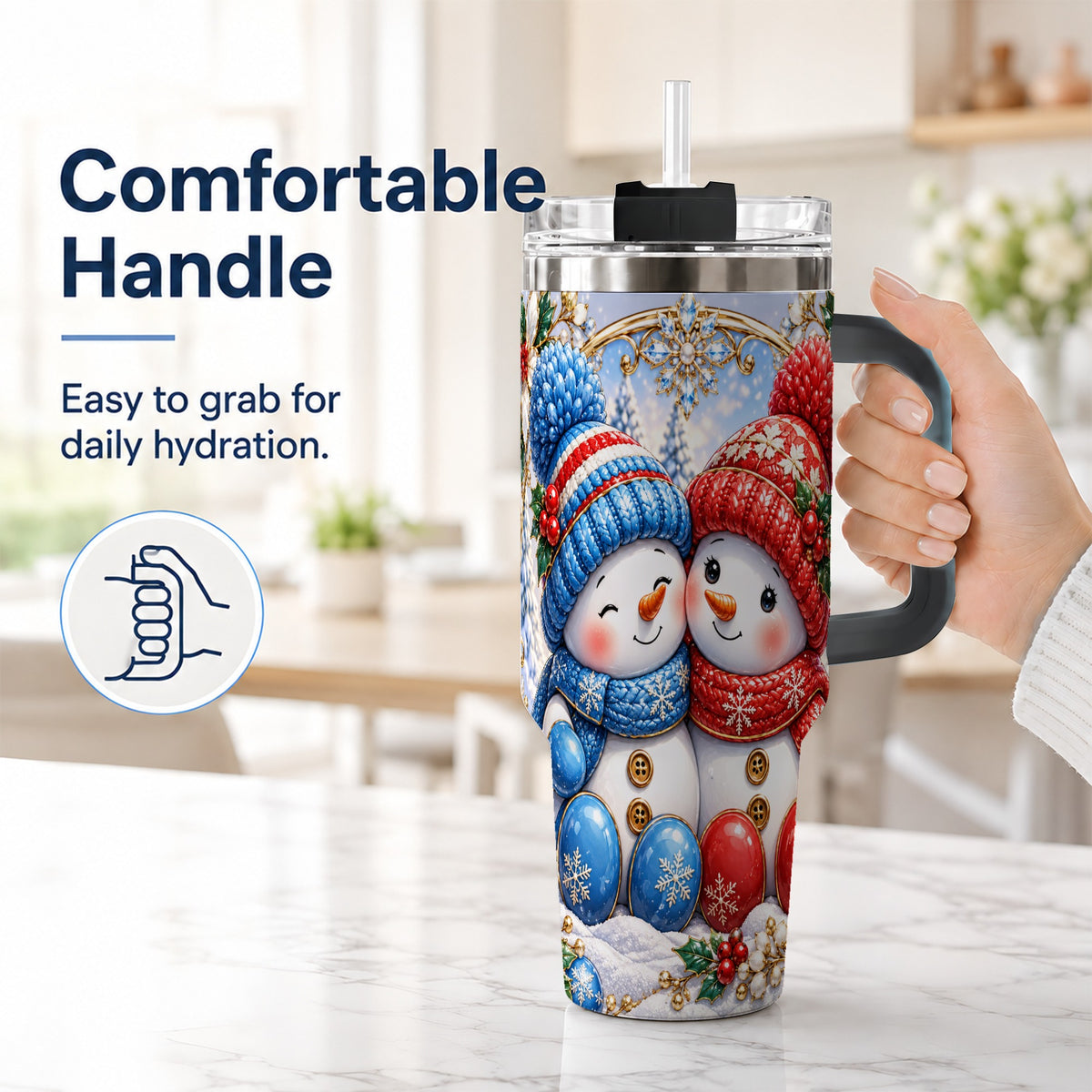 #pl[40oz|Black] Snowman Couple Tumbler 40oz, Christmas Tumbler, Stainless Steel Travel Cup
