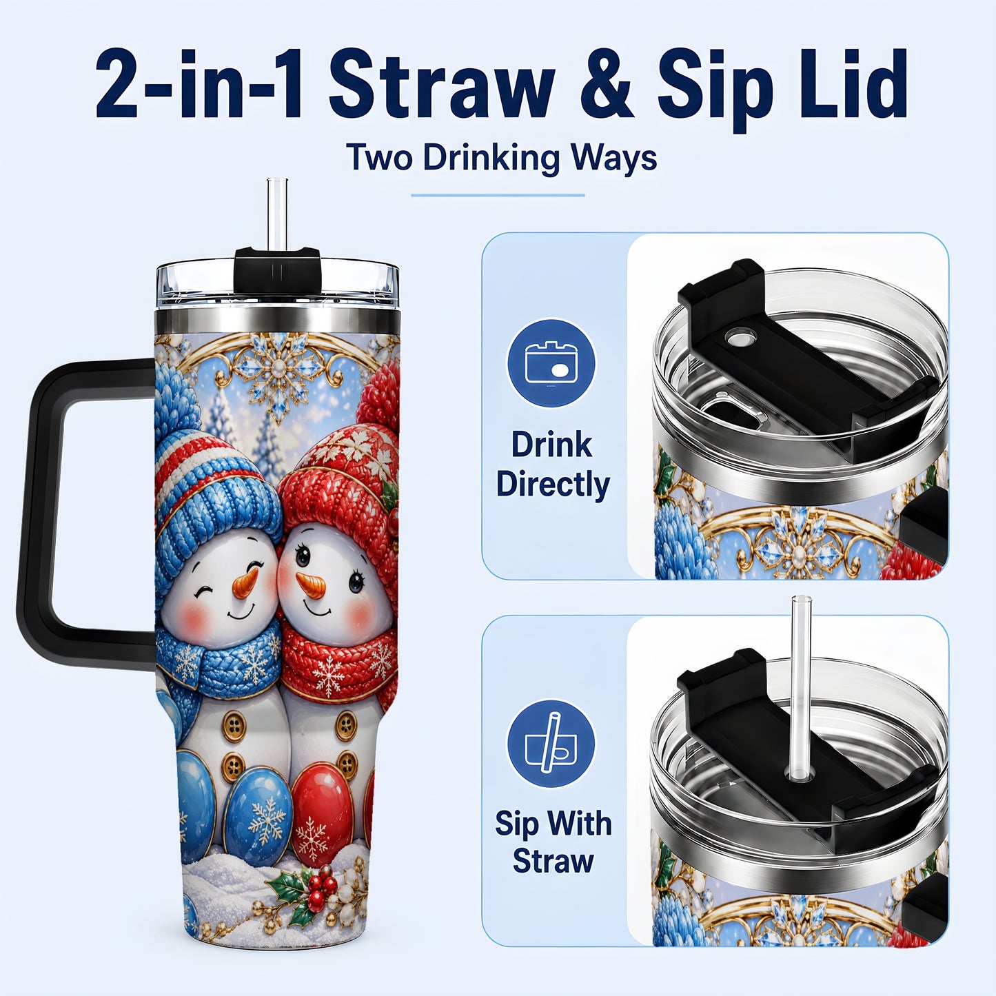 #pl[40oz|Black] Snowman Couple Tumbler 40oz, Christmas Tumbler, Stainless Steel Travel Cup