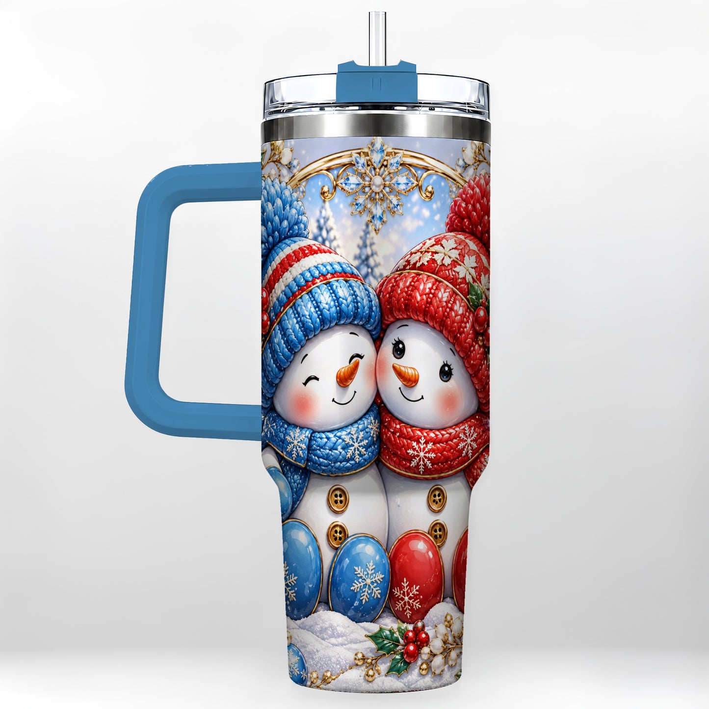 #pl[40oz|Blue] Snowman Couple Tumbler 40oz, Christmas Tumbler, Stainless Steel Travel Cup