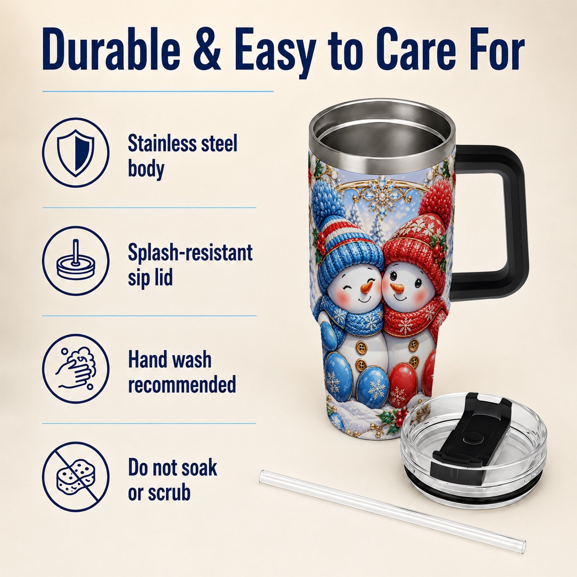 #pl[40oz|Black] Snowman Couple Tumbler 40oz, Christmas Tumbler, Stainless Steel Travel Cup
