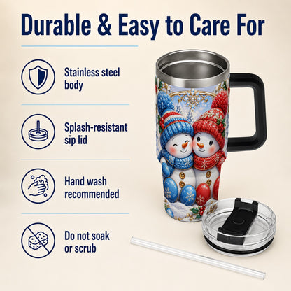 #pl[40oz|Black] Snowman Couple Tumbler 40oz, Christmas Tumbler, Stainless Steel Travel Cup