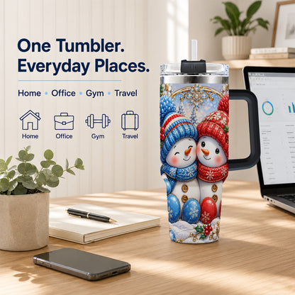 #pl[40oz|Black] Snowman Couple Tumbler 40oz, Christmas Tumbler, Stainless Steel Travel Cup