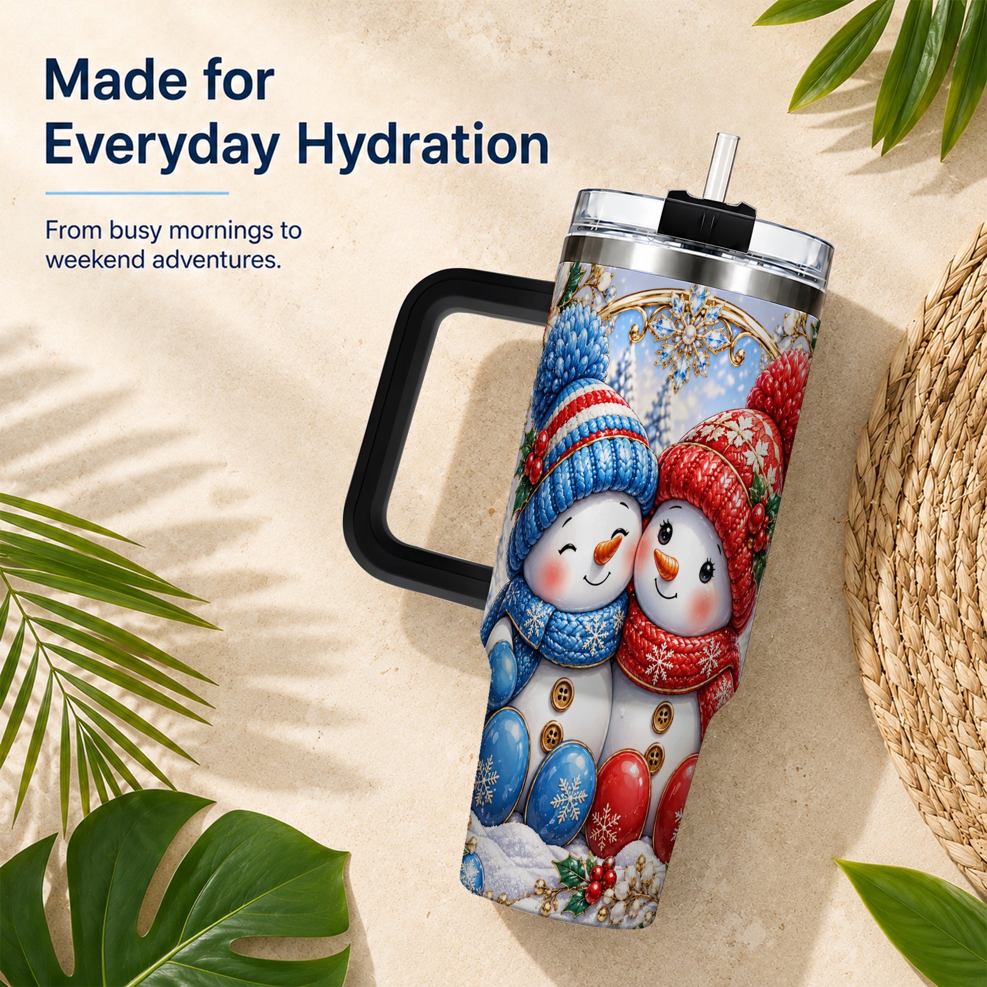 #pl[40oz|Black] Snowman Couple Tumbler 40oz, Christmas Tumbler, Stainless Steel Travel Cup