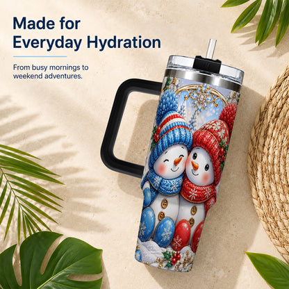#pl[40oz|Black] Snowman Couple Tumbler 40oz, Christmas Tumbler, Stainless Steel Travel Cup