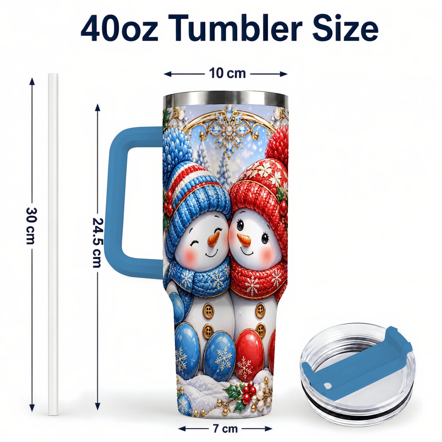 #pl[40oz|Blue] Snowman Couple Tumbler 40oz, Christmas Tumbler, Stainless Steel Travel Cup