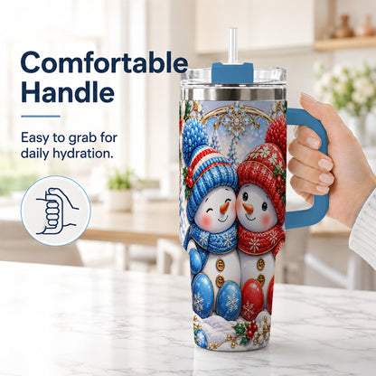#pl[40oz|Blue] Snowman Couple Tumbler 40oz, Christmas Tumbler, Stainless Steel Travel Cup