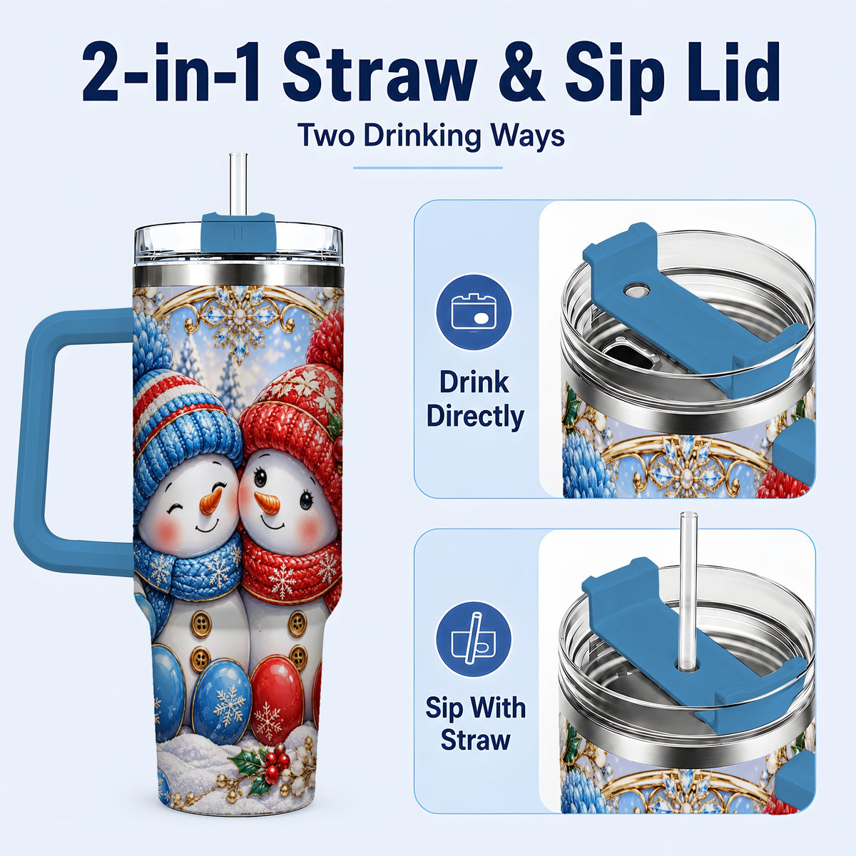 #pl[40oz|Blue] Snowman Couple Tumbler 40oz, Christmas Tumbler, Stainless Steel Travel Cup