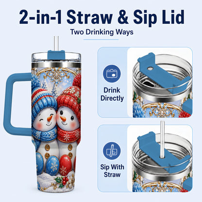 #pl[40oz|Blue] Snowman Couple Tumbler 40oz, Christmas Tumbler, Stainless Steel Travel Cup
