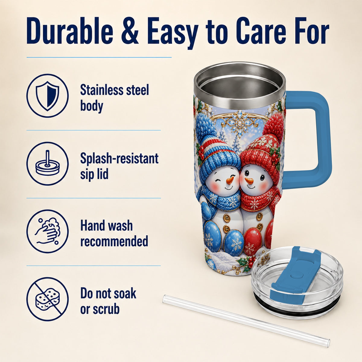 #pl[40oz|Blue] Snowman Couple Tumbler 40oz, Christmas Tumbler, Stainless Steel Travel Cup