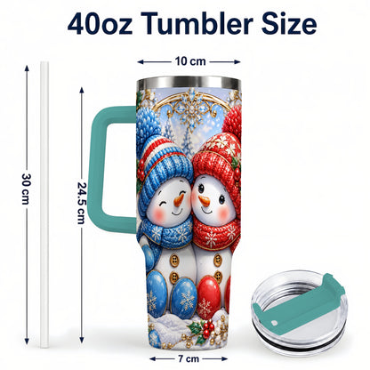 #pl[40oz|Green] Snowman Couple Tumbler 40oz, Christmas Tumbler, Stainless Steel Travel Cup