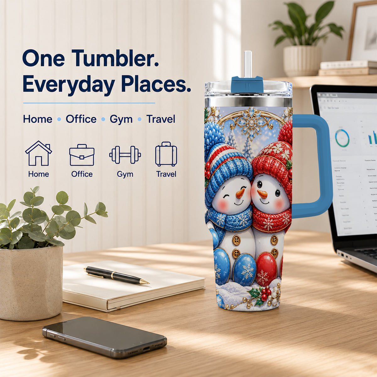 #pl[40oz|Blue] Snowman Couple Tumbler 40oz, Christmas Tumbler, Stainless Steel Travel Cup