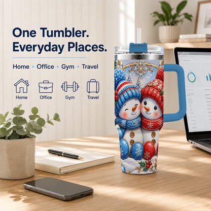 #pl[40oz|Blue] Snowman Couple Tumbler 40oz, Christmas Tumbler, Stainless Steel Travel Cup