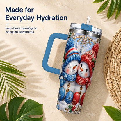 #pl[40oz|Blue] Snowman Couple Tumbler 40oz, Christmas Tumbler, Stainless Steel Travel Cup