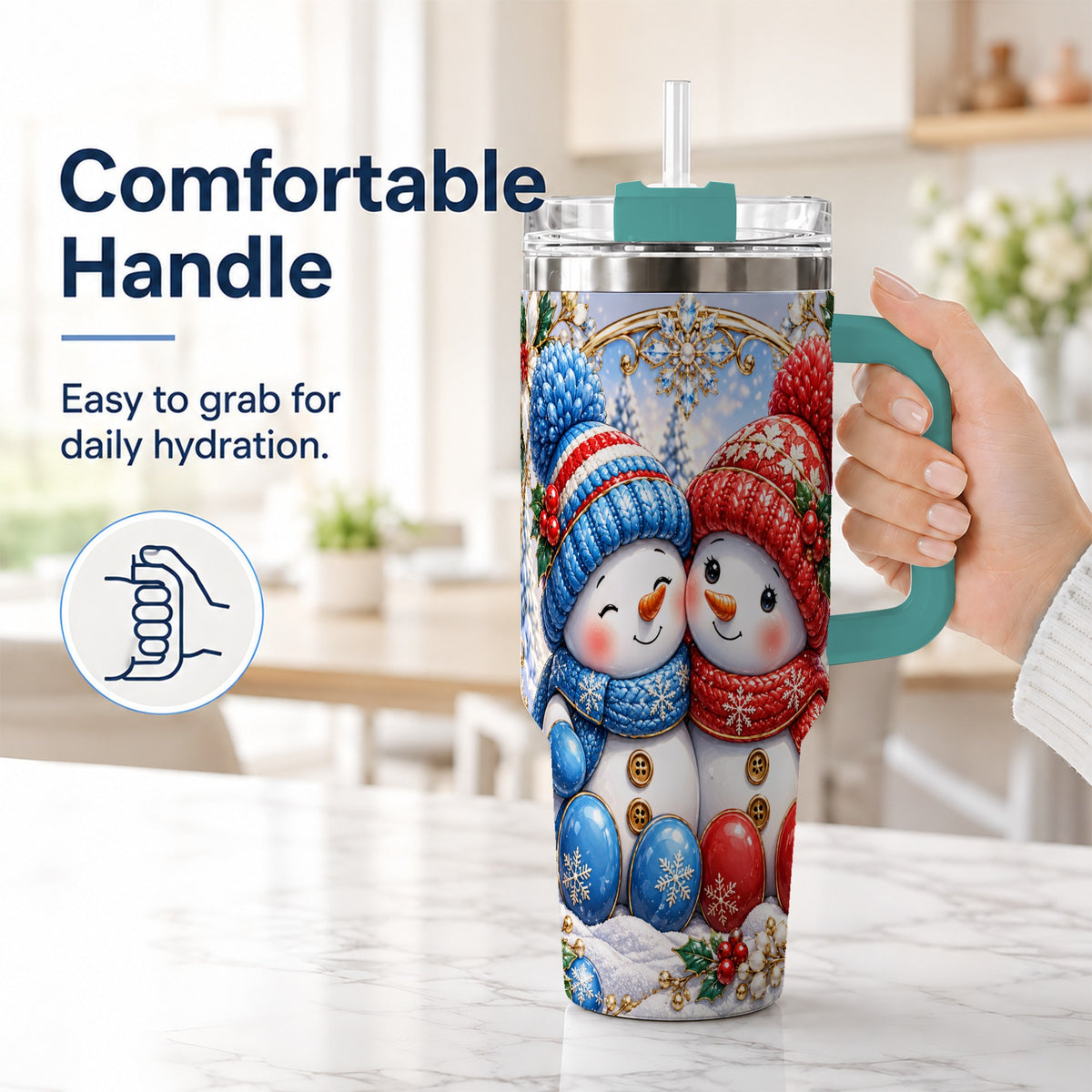 #pl[40oz|Green] Snowman Couple Tumbler 40oz, Christmas Tumbler, Stainless Steel Travel Cup
