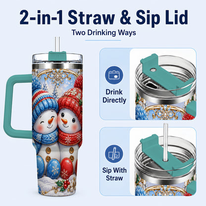 #pl[40oz|Green] Snowman Couple Tumbler 40oz, Christmas Tumbler, Stainless Steel Travel Cup