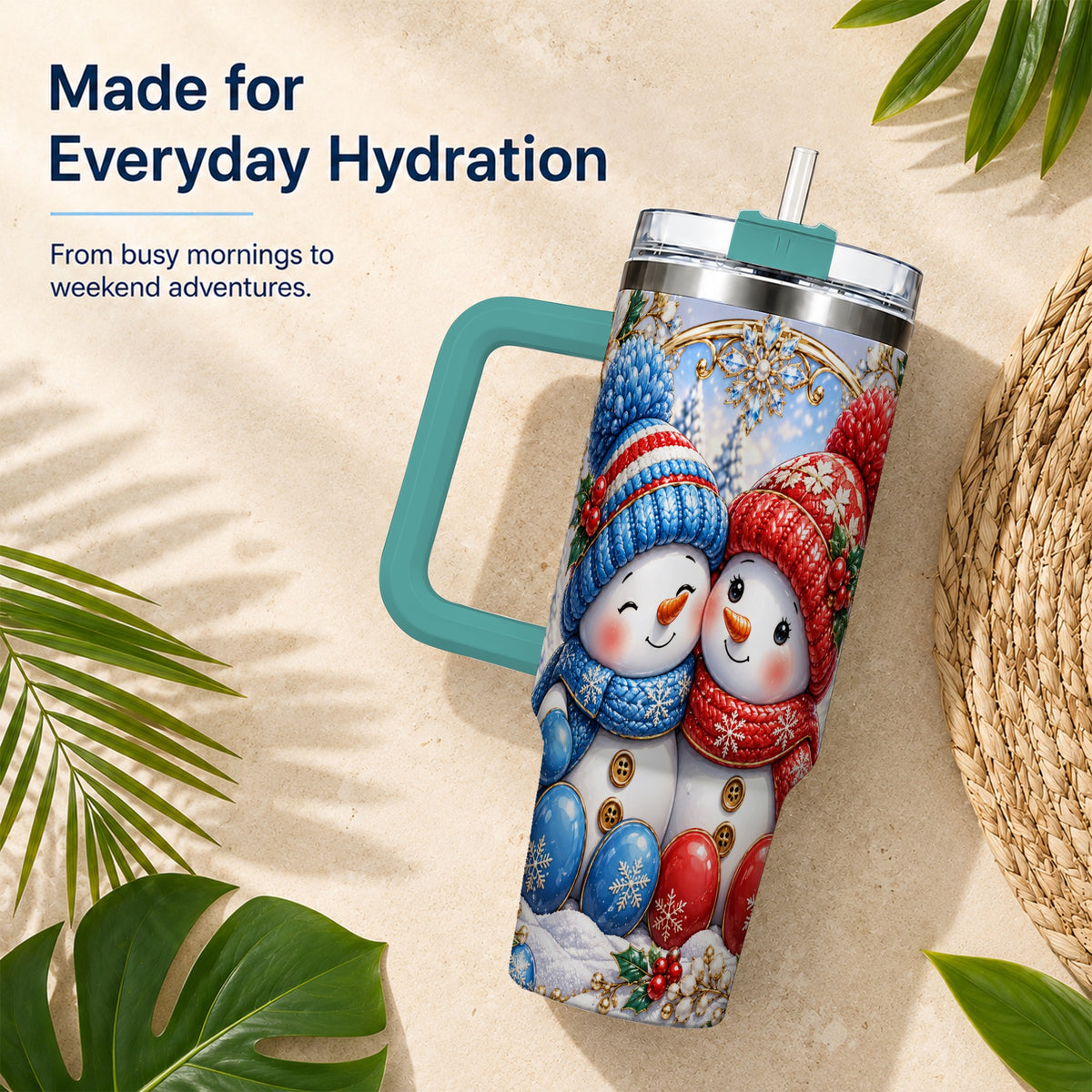 #pl[40oz|Green] Snowman Couple Tumbler 40oz, Christmas Tumbler, Stainless Steel Travel Cup