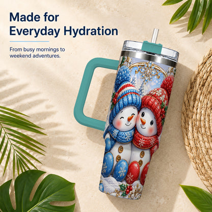 #pl[40oz|Green] Snowman Couple Tumbler 40oz, Christmas Tumbler, Stainless Steel Travel Cup