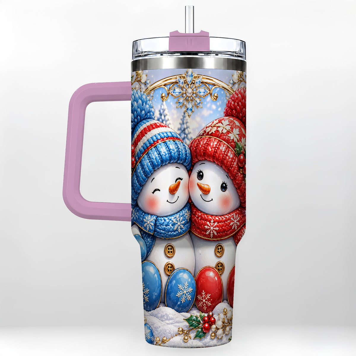 #pl[40oz|Pink] Snowman Couple Tumbler 40oz, Christmas Tumbler, Stainless Steel Travel Cup