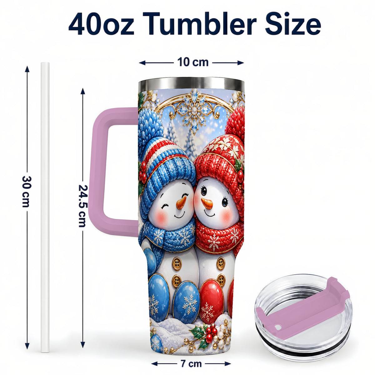 #pl[40oz|Pink] Snowman Couple Tumbler 40oz, Christmas Tumbler, Stainless Steel Travel Cup