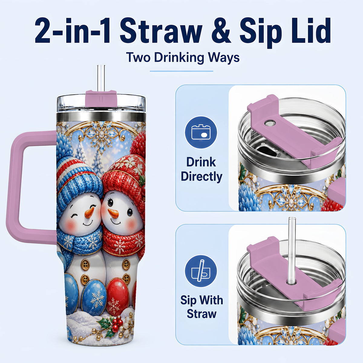 #pl[40oz|Pink] Snowman Couple Tumbler 40oz, Christmas Tumbler, Stainless Steel Travel Cup