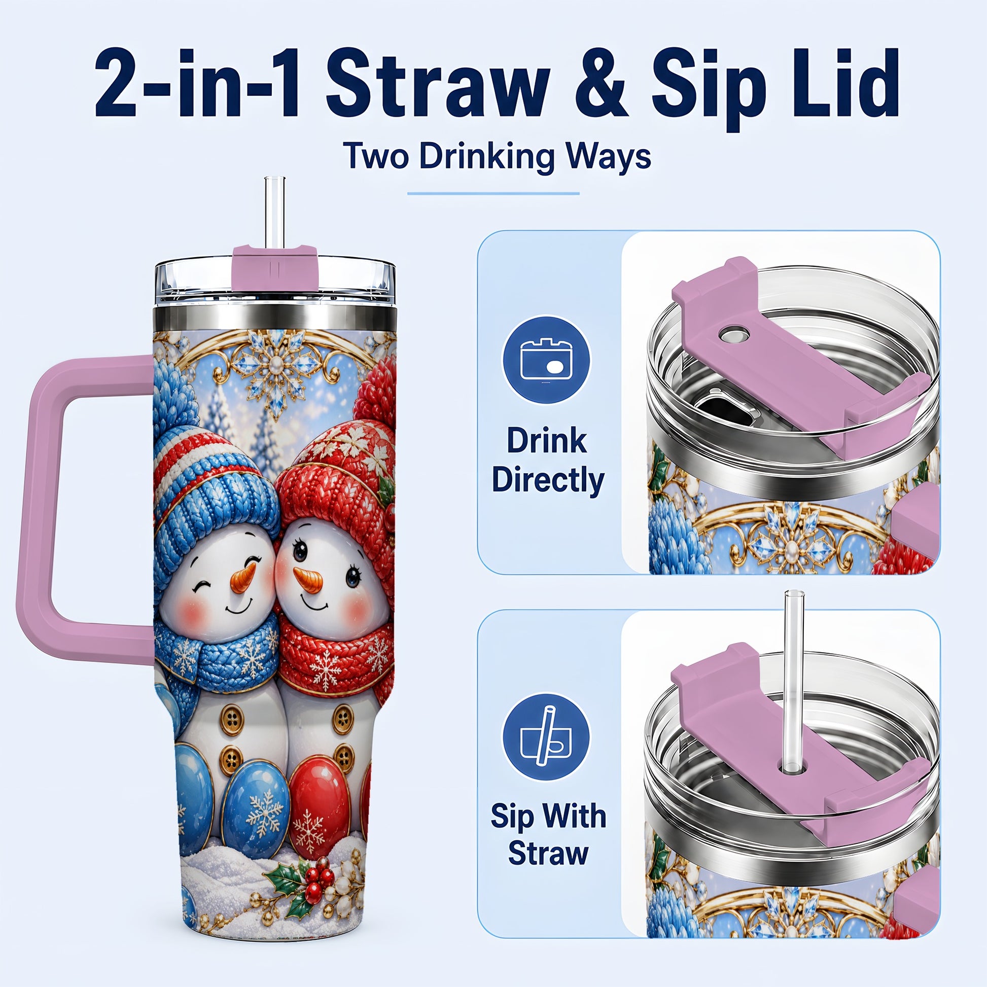 #pl[40oz|Pink] Snowman Couple Tumbler 40oz, Christmas Tumbler, Stainless Steel Travel Cup