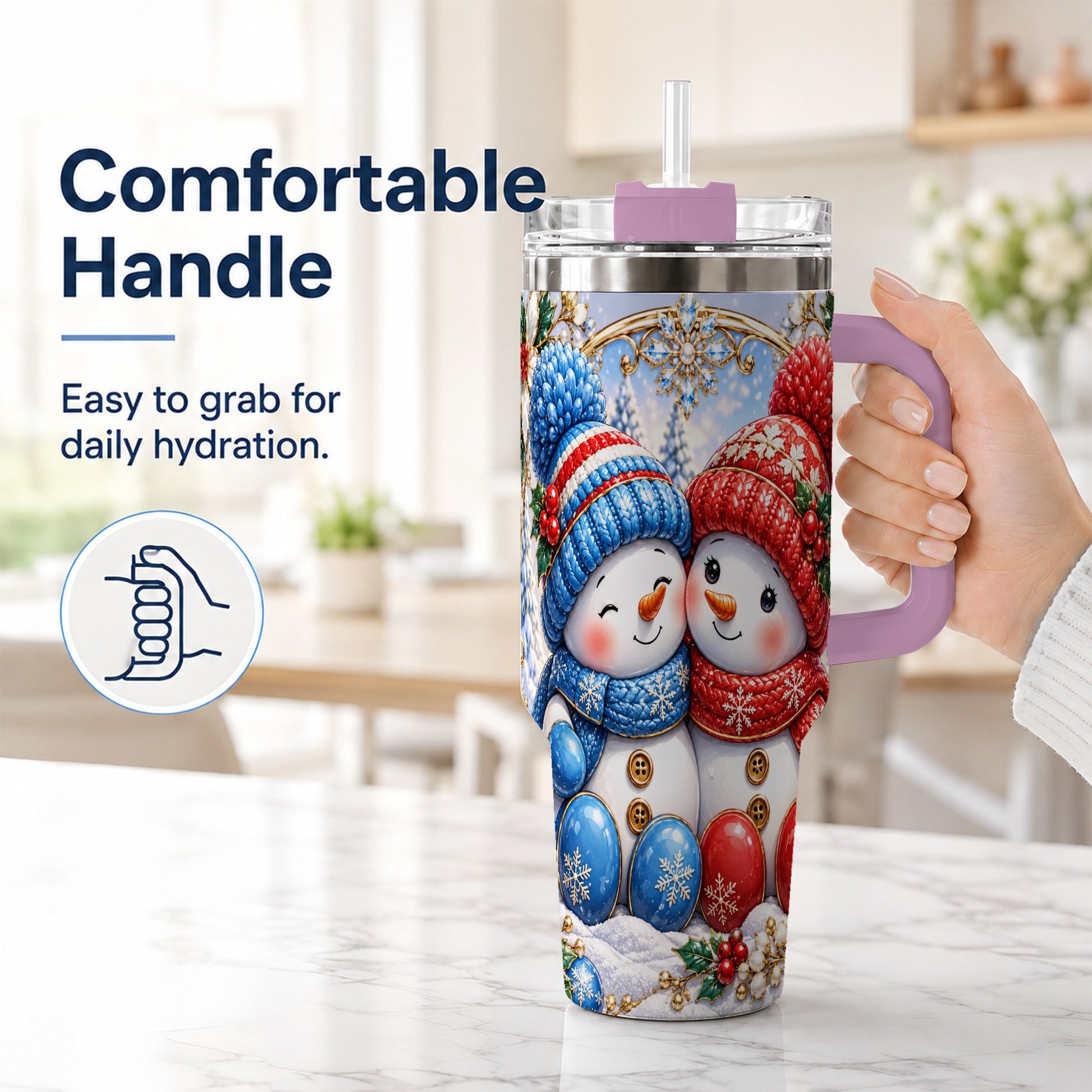 #pl[40oz|Pink] Snowman Couple Tumbler 40oz, Christmas Tumbler, Stainless Steel Travel Cup