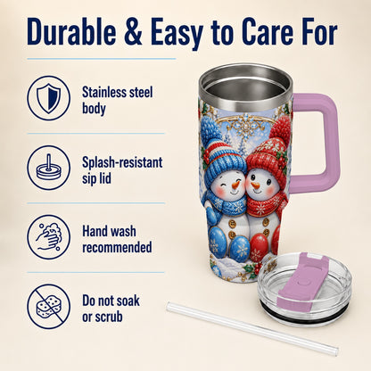 #pl[40oz|Pink] Snowman Couple Tumbler 40oz, Christmas Tumbler, Stainless Steel Travel Cup