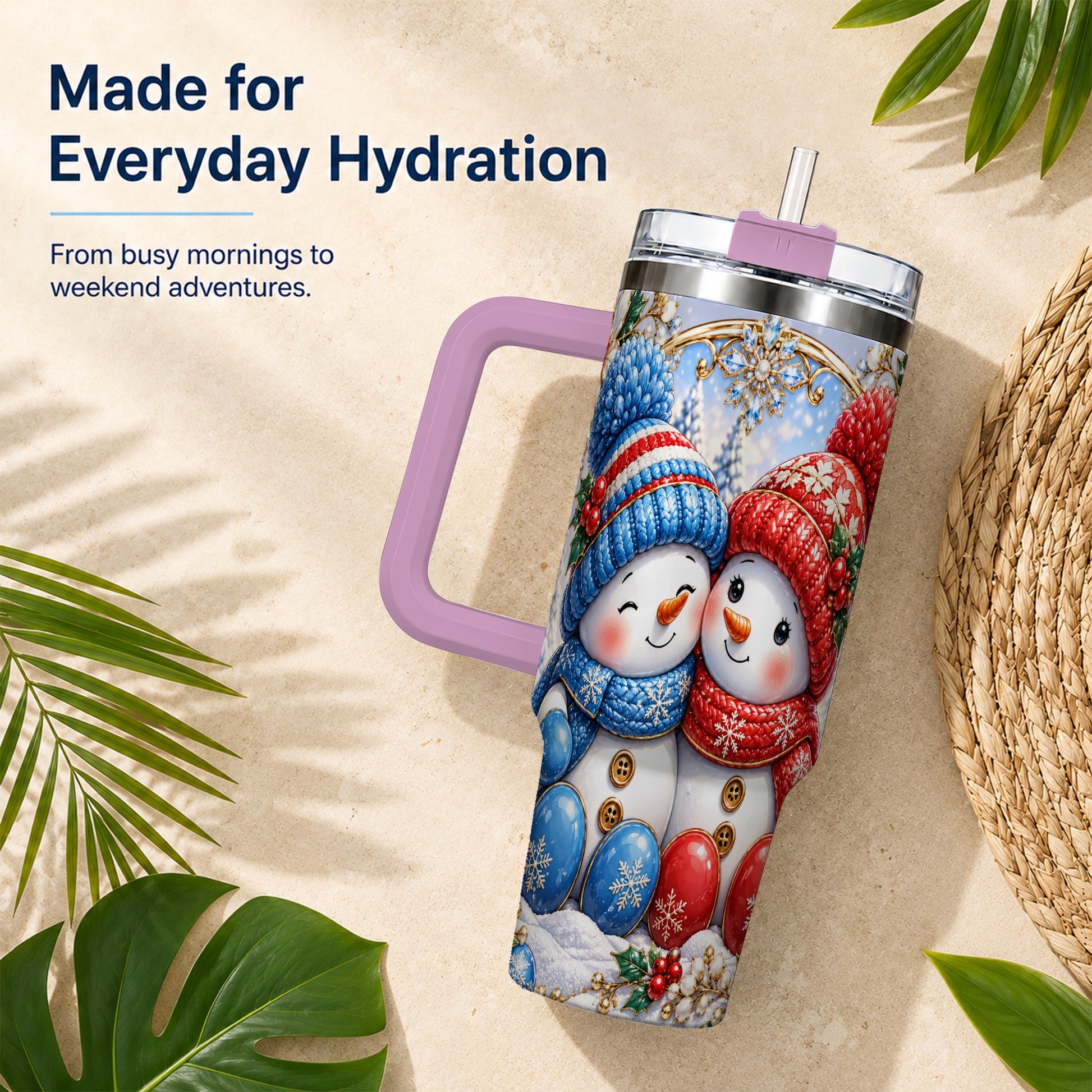 #pl[40oz|Pink] Snowman Couple Tumbler 40oz, Christmas Tumbler, Stainless Steel Travel Cup