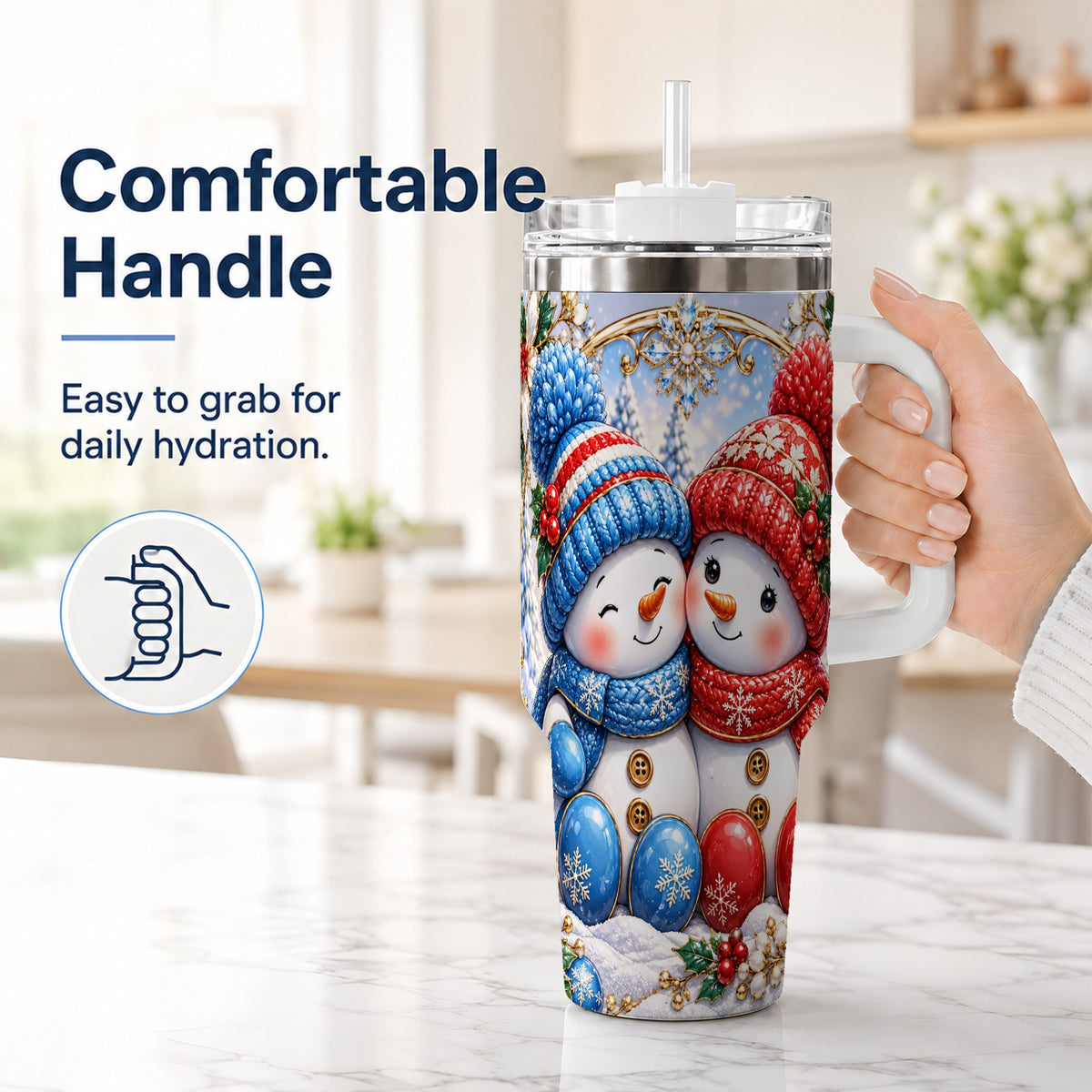 #pl[40oz|White] Snowman Couple Tumbler 40oz, Christmas Tumbler, Stainless Steel Travel Cup