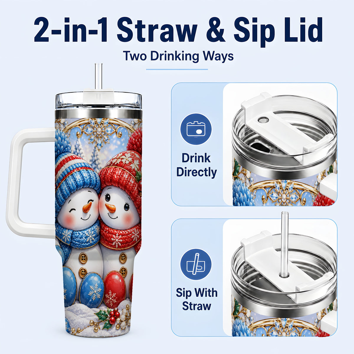 #pl[40oz|White] Snowman Couple Tumbler 40oz, Christmas Tumbler, Stainless Steel Travel Cup