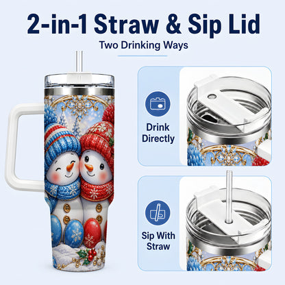 #pl[40oz|White] Snowman Couple Tumbler 40oz, Christmas Tumbler, Stainless Steel Travel Cup