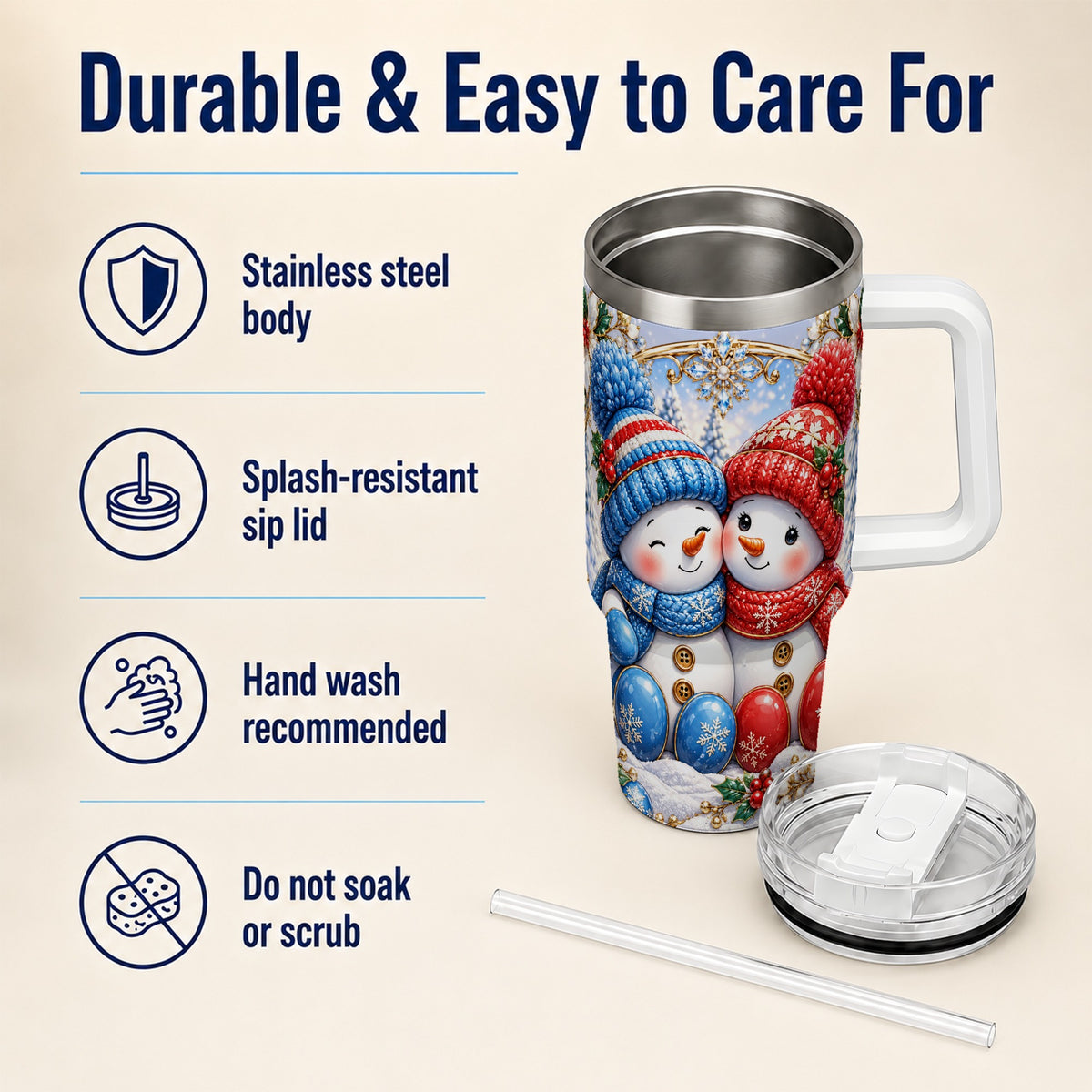 #pl[40oz|White] Snowman Couple Tumbler 40oz, Christmas Tumbler, Stainless Steel Travel Cup