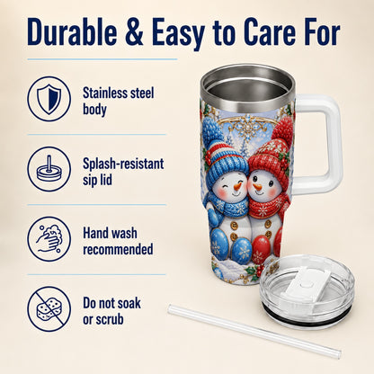 #pl[40oz|White] Snowman Couple Tumbler 40oz, Christmas Tumbler, Stainless Steel Travel Cup
