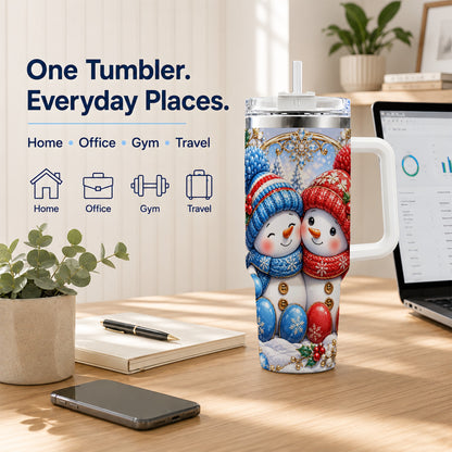 #pl[40oz|White] Snowman Couple Tumbler 40oz, Christmas Tumbler, Stainless Steel Travel Cup