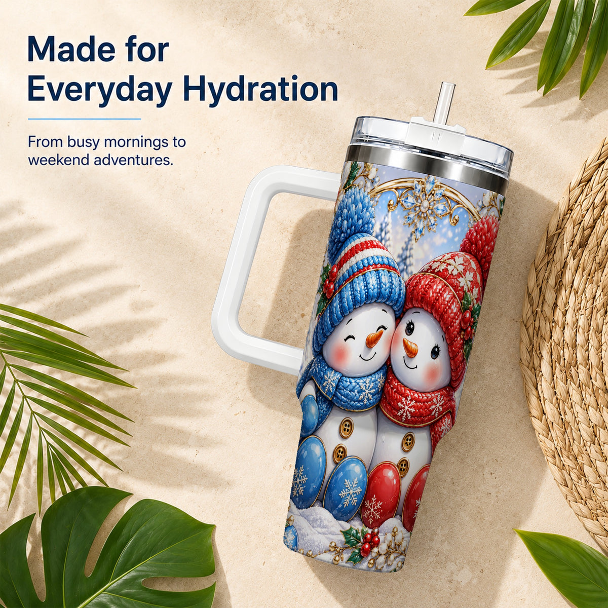 #pl[40oz|White] Snowman Couple Tumbler 40oz, Christmas Tumbler, Stainless Steel Travel Cup