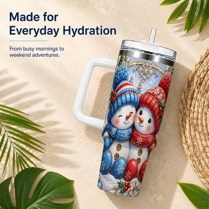#pl[40oz|White] Snowman Couple Tumbler 40oz, Christmas Tumbler, Stainless Steel Travel Cup