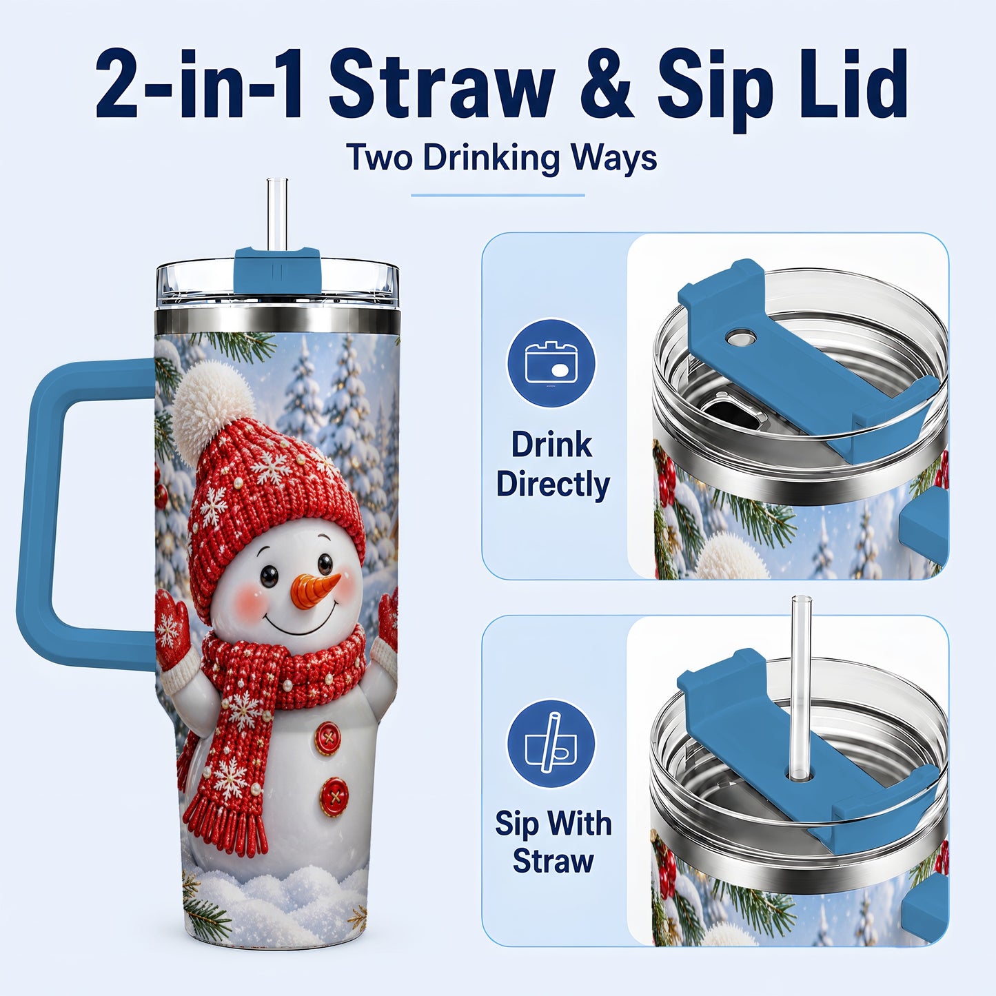 #pl[40oz|Blue] Red Snowman Tumbler 40oz, Christmas Tumbler, Stainless Steel Travel Cup
