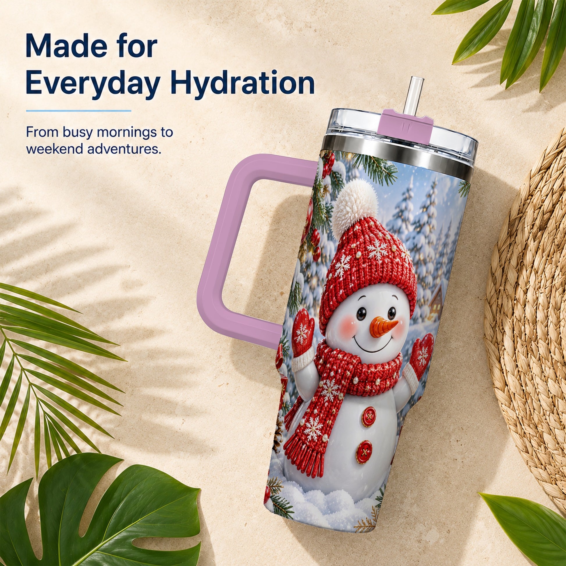 #pl[40oz|Pink] Red Snowman Tumbler 40oz, Christmas Tumbler, Stainless Steel Travel Cup