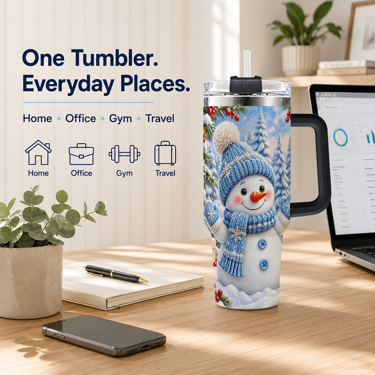 #pl[40oz|Black] Blue Snowman Tumbler 40oz, Christmas Tumbler, Stainless Steel Travel Cup