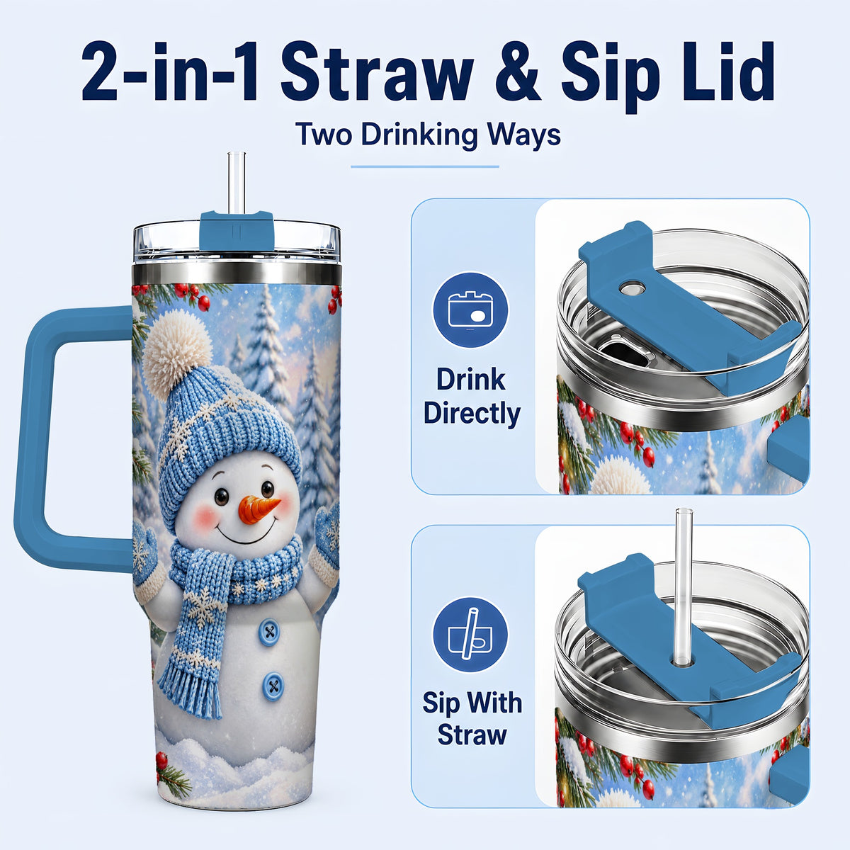 #pl[40oz|Blue] Blue Snowman Tumbler 40oz, Christmas Tumbler, Stainless Steel Travel Cup