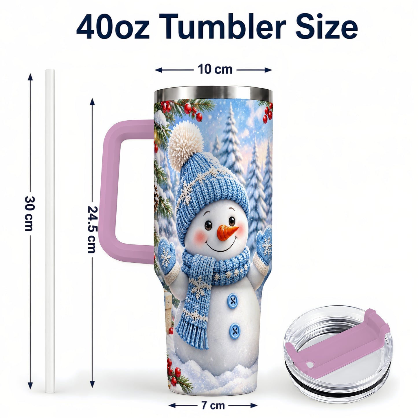 #pl[40oz|Pink] Blue Snowman Tumbler 40oz, Christmas Tumbler, Stainless Steel Travel Cup